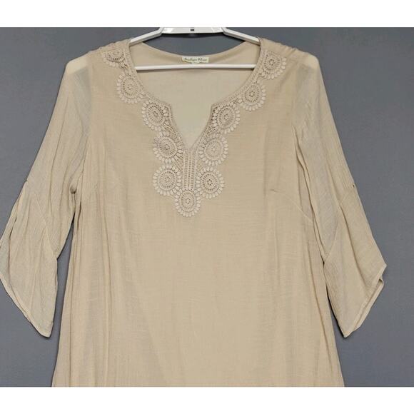 Indigo Rose Boho Top Womens 2X Beige Overlay Lace V-Neck 3/4 Split Sleeve Tunic - Picture 6 of 12